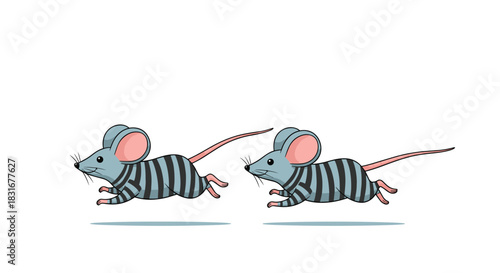 Two cute cartoon mice with striped gray fur and pink ears run in sequence, an illustration showing motion perfect for an animation loop or storyboard.