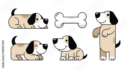 Set of cute cartoon dog characters in different poses, including lying down, sitting, playing, and standing, with a single large bone illustration.