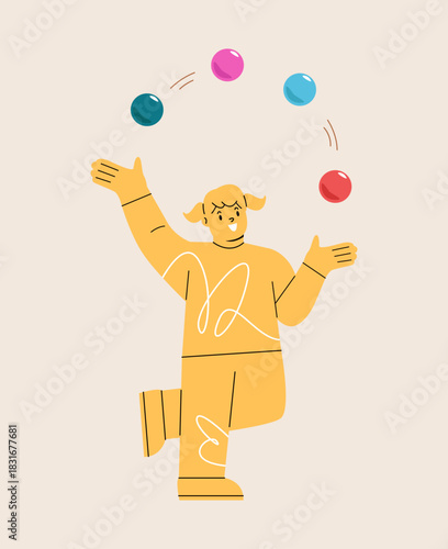 Happy girl playing juggling ball. Colorful vector illustration