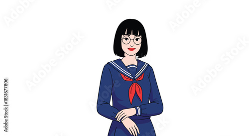 Portrait of a smiling Asian schoolgirl with short black hair and glasses, wearing a traditional blue sailor-style school uniform or fuku.