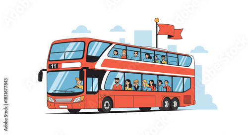 Classic red double-decker bus full of diverse passengers on a city tour, with a cityscape and clouds in the background, representing London travel.