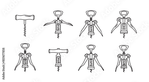 Collection of eight different corkscrew silhouettes for opening wine bottles silhouette