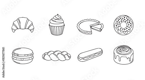 Collection of delicious pastry and dessert icons in a simple line art silhouette
