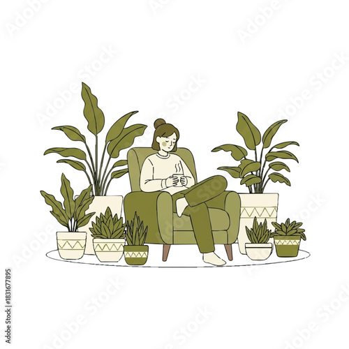 Woman sitting in a green armchair surrounded by potted plants, reading a book in a minimalist setting with a calming atmosphere.