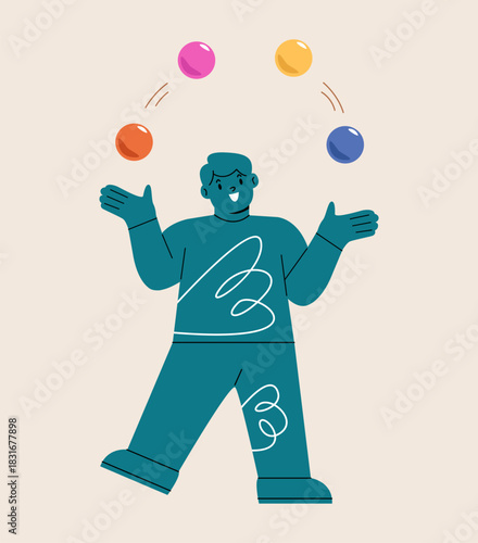 Happy boy playing juggling ball. Colorful vector illustration