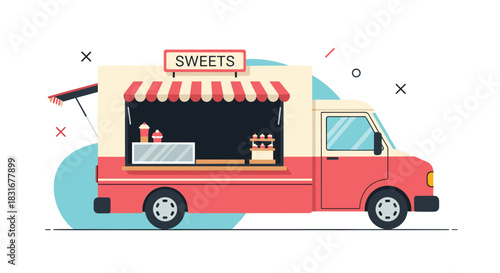 Side view of a red and cream colored food truck with a striped awning, set up to sell sweets, cupcakes, and drinks against a simple background.