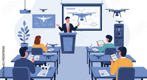 Instructor presenting a lesson on drone technology to students in a modern classroom with diagrams on screen and quadcopters for hands-on learning.