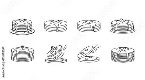 Collection of delicious pancake stacks and waffle makers in a unique silhouette style