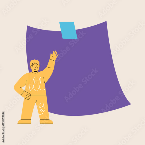 Happy boy and empty paper. Colorful vector illustration