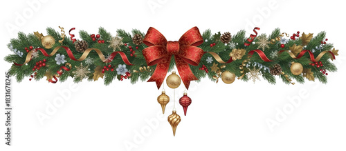 Classic Christmas garland clipart with red bow, gold ornaments, beads and hanging baubles over pine branches, as a transparent isolated PNG perfect for banners, headers, cards and layouts