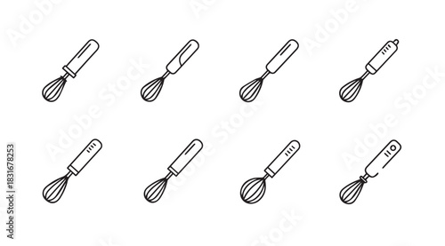 Collection of eight hand drawn whisk silhouettes for baking and cooking utensils silhouette