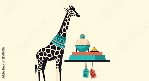 Stylish giraffe wearing a decorative teal saddle blanket, standing next to a display of ornate pottery and gifts with price tags hanging below.