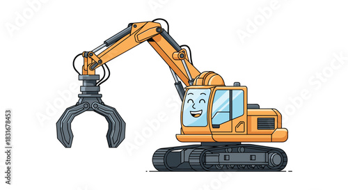 Cute and friendly cartoon excavator with a grappling claw and a happy, smiling face, representing cheerful construction and machinery for children.