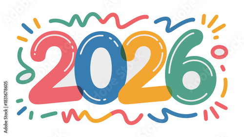 2026: A vibrant and colorful design showcases the year 2026, set against a backdrop of celebratory flourishes and dynamic waves, symbolizing new beginnings and exciting prospects.