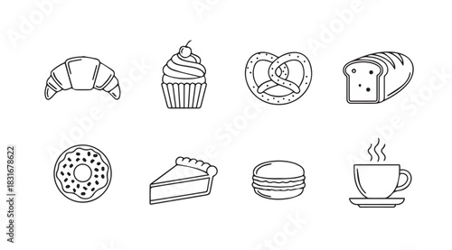 Collection of baked goods and hot beverage in a simple outline silhouette style
