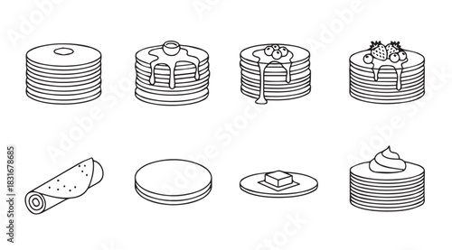 Collection of delicious pancake stacks and rolled crepe silhouette