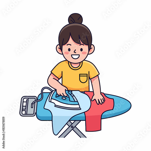 Happy young woman ironing clothes on an ironing board, a domestic chore illustration