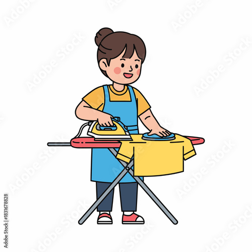 Illustration of a young woman happily ironing clothes on an ironing board doing housework