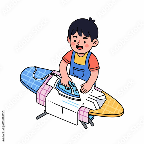 Illustration of a Child Ironing Clothes on an Ironing Board, Wearing an Apron