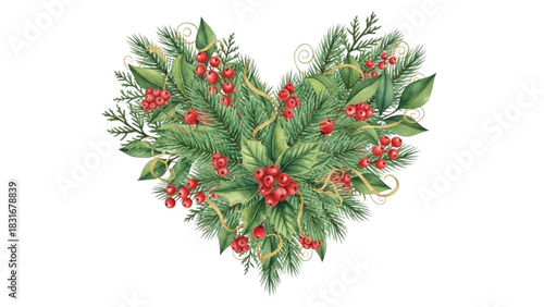 Watercolor Christmas Heart Wreath with Holly Leaves, Pine Branches and Red Berries Illustration