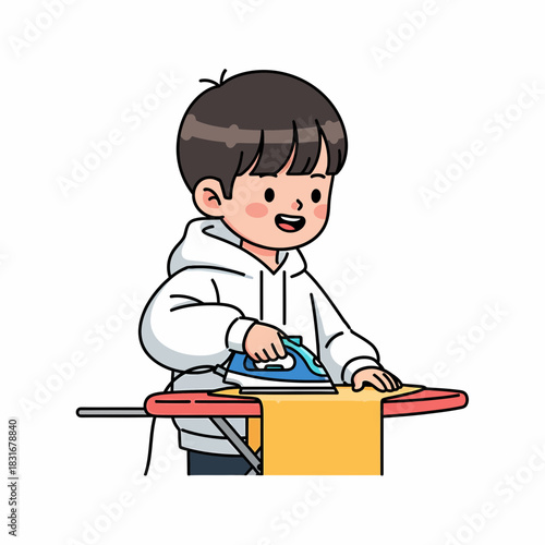 Cute cartoon boy ironing clothes on ironing board with steam iron, domestic chores and housework illustration