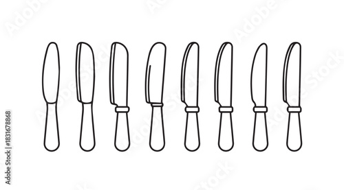 Collection of eight hand drawn butter knives in a row silhouette