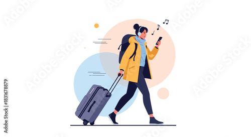 Young woman wearing a winter coat and headphones walks with a rolling suitcase and looks at her smartphone, illustrating modern travel and tourism.