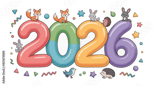Whimsical 2026: Delightful illustration of the year 2026, embellished with playful animal characters. A cheerful and fun design. 