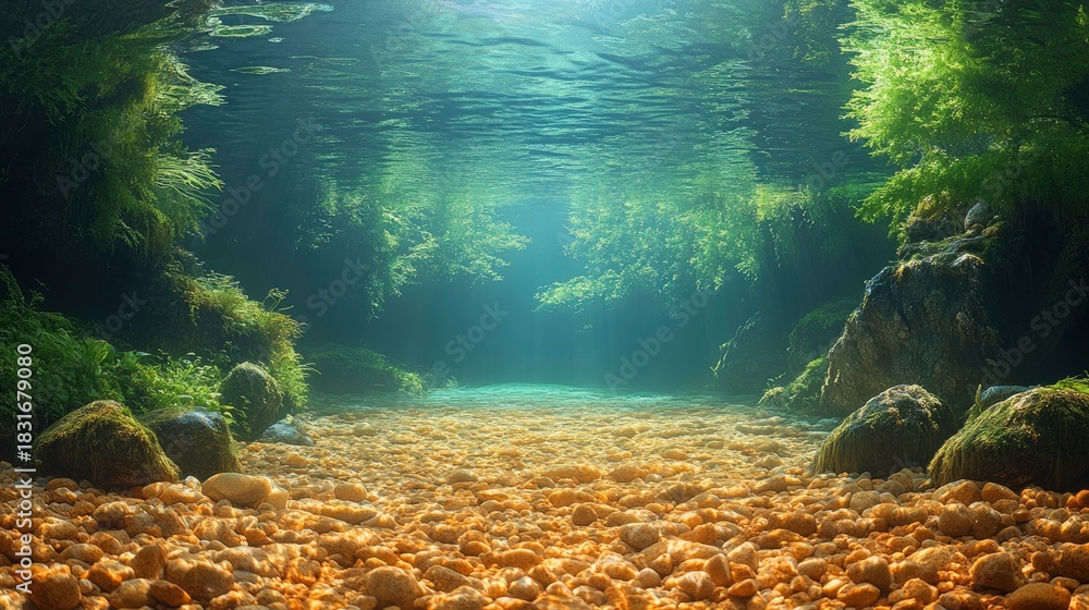 Naklejka premium Serene Forest Stream with Crystal Clear Water and Vibrant Moss