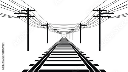 Black and white vector silhouette of railway tracks leading to the horizon with receding utility poles and power lines perspective, conveying travel, distance, and electric energy.