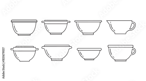 Collection of kitchen mixing bowls and measuring cups in a clean line art silhouette