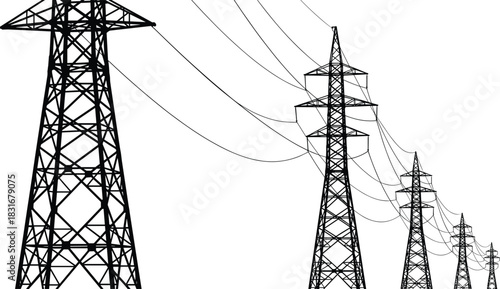Collection of various high-voltage electric power transmission towers and lines, detailed industrial lattice steel structure CAD vector illustration for engineering and electrical energy 