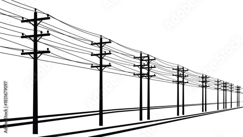 Black and white vector silhouette of railway tracks leading to the horizon with utility poles, conveying perspective, high-voltage power lines, travel, and transportation.