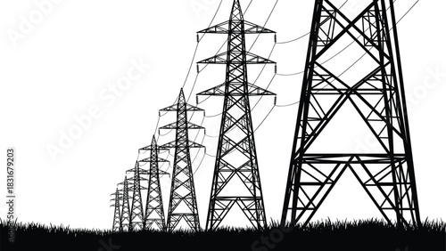 Definitive power grid infrastructure vector bundle: transmission towers, lines, and transformers on grass silhouette, detailed CAD line art for high-voltage engineering and energy technology projects.