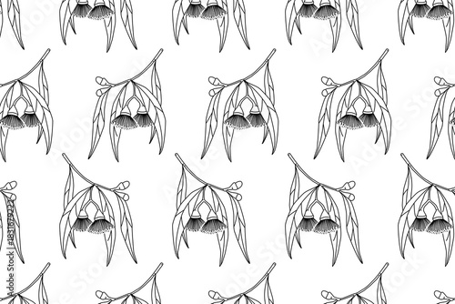 Minimalist eucalyptus leaves seamless pattern line art. Elegant botanical black outline texture on white background for spa branding, aromatherapy packaging, essential oil labels, soap design, wedding