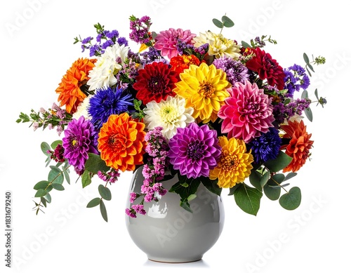 Colorful bouquet of dahlias and other flowers arranged in a light gray vase, isolated against a white background