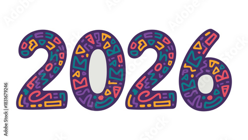 Year 2026: The vibrant year 2026 takes center stage with a playful and artistic typography design, exuding a sense of excitement and anticipation for the future. 