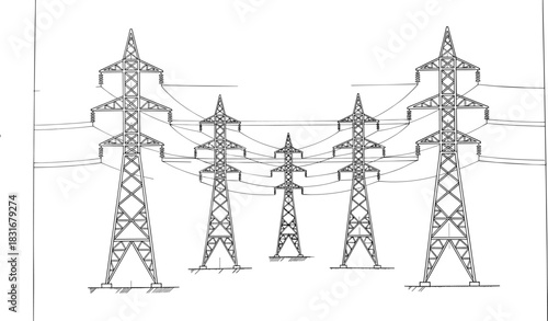 Detailed CAD vector drawing of diverse high-voltage electrical transmission towers with dimensions and specifications, showcasing engineering design, energy infrastructure, and power distribution.