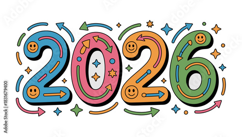2026: A vibrant and colorful illustration of the year 2026, using playful typography, arrows, and decorative elements to represent the passage of time and the promise of a bright future.