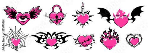 Goth heart tattoos set isolated on white. Vector illustration of black and pink love symbols y2k design decorated with eye, devil wings, lock, candle, spider web, wire, flame, old school punk stickers