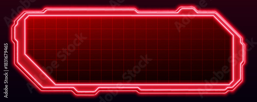 Neon red HUD frame with grid background. Vector realistic illustration of digital technology border, tech game ui window design, data or warning message box template, virtual infographic display