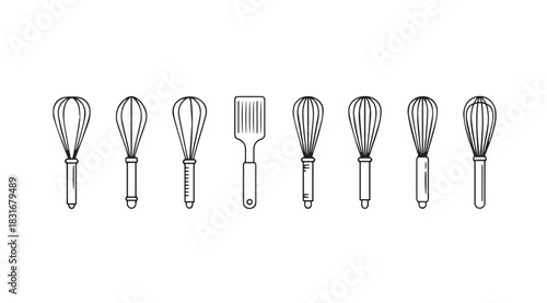 Collection of kitchen utensil silhouettes including whisks and spatulas silhouette