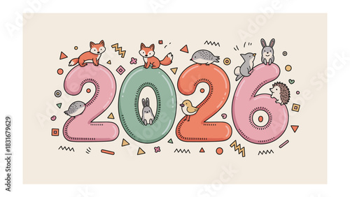 New Year 2026: A whimsical illustration showcases the year 2026, creatively adorned with charming animal companions, offering a visual greeting filled with anticipation and joy.