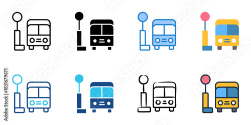 Bus station icon set multiple style vector collection. Editable Stroke 
