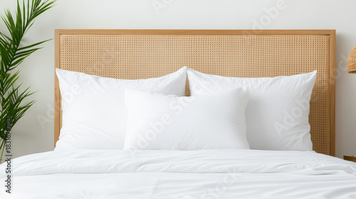 White bed with rattan headboard and pillows in bright minimalist bedroom