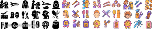 Colorful and Silhouette Vector Icons for Clip-In Hair Extension Services, Salon Tools, Styling and Maintenance Set