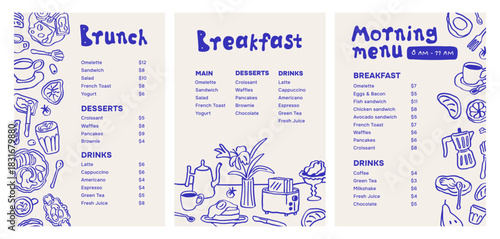 Breakfast and brunch, menu card designs, cafe and restaurant templates. Hand-drawn doodle sketch set with typography, food, snacks and drinks, Mediterranean cuisine. Flat vector illustrations