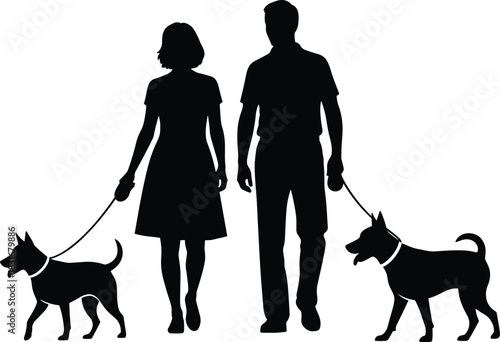 Couple walking dogs silhouette, man and woman strolling two pets on leash, side view black vector illustration, happy family outdoor activity, ownership concept, white background isolated.