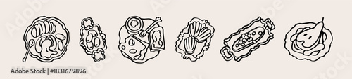 Doodle food set. Snacks, dishes on plates, trays. Breakfast, sketch drawings. Egg, olives, cheese and bread, pear dessert served in whimsical scribble style. Isolated hand-drawn vector illustrations