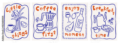 Breakfast card designs set in doodle scribble style. Modern kitchen posters with phrases, handdrawn moka pot, coffee cup, retro line drawings, whimsical sketches. Hand-drawn vector illustrations
